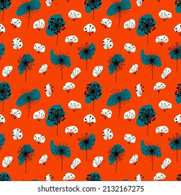 Fondo naranja sin costuras con flores de doodle, grafico vectorial.