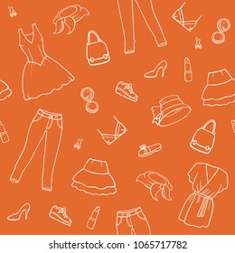 Orange seamless background with a white fashion icons. Trendy clothes, shoes and accessories