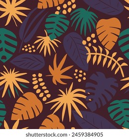 Orange Seamless Classic Flora Leaves Vector. Hippie Seamless Nature Plant Scribble, Seamless Print. Pastel Continuous Doodle Jungle Shape Pattern. 