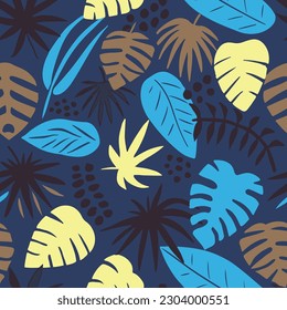 Orange Seamless Color Palm Quill Vector. Dark Continuous Decoration Flora Template, Seamless Art. Blue Endless Creative Spring Leaves Background. 