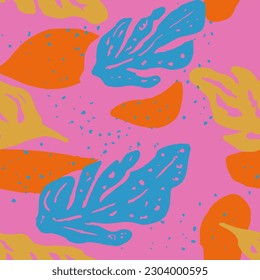 Orange Seamless Color Spring Invitation Print. Pink Continuous Doodle Isolated Leaves, Seamless Art. Blue Seamless Fashion Blossom Decor Vector. 