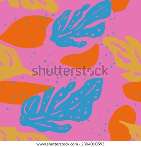 Orange Seamless Color Spring Invitation Print. Pink Continuous Doodle Isolated Leaves, Seamless Art. Blue Seamless Fashion Blossom Decor Vector. 