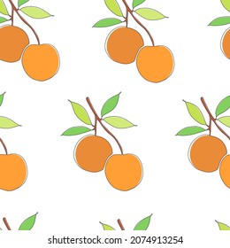 Patrón colorido sin costuras de color naranja. Colores verdes y naranjas, plantas de una línea y frutas. Ilustración vectorial. 