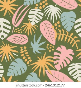 Orange Seamless Contemporary Flora Style Background. Black Endless Abstract Trendy Paint, Seamless Print. Colorful Seamless Creative Plant Leaves Pattern. 