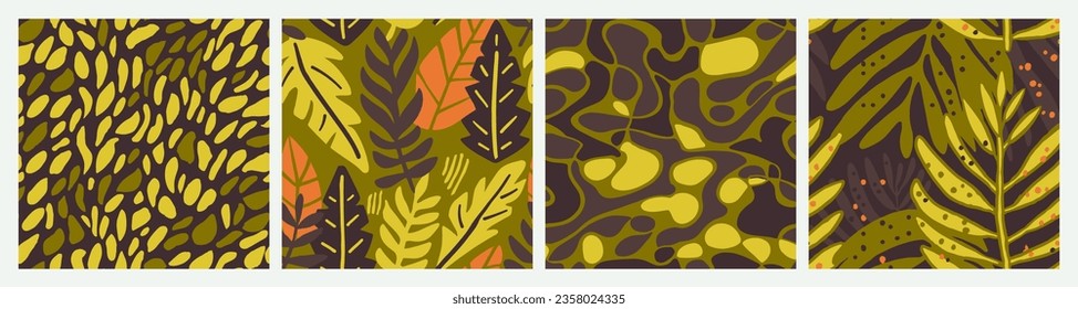 Orange Seamless Contemporary Fresh Paint Collection. Purple Repeated Decoration Palm Fabrics, Seamless Texture. Bright Seamless Creative Decorative Decor Vector. 