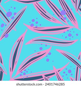 Orange Seamless Decoration Organic Shape Print. Purple Endless Contemporary Tree Textile, Seamless Pattern. Bright Seamless Elegant Flora Quill Art. 
