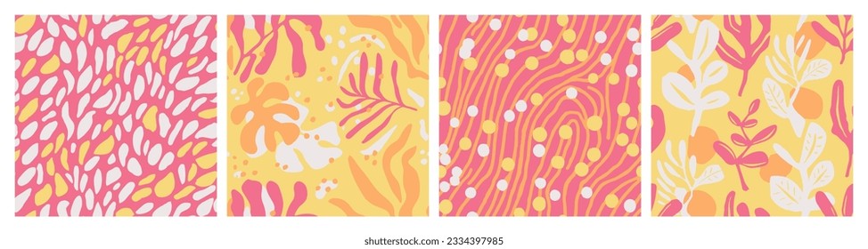 Orange Seamless Doodle Beautiful Surface Set. Bright Continuous Classic Blossom Illustration, Seamless Texture. Colorful Seamless Fashion Graphic Artwork Print. 