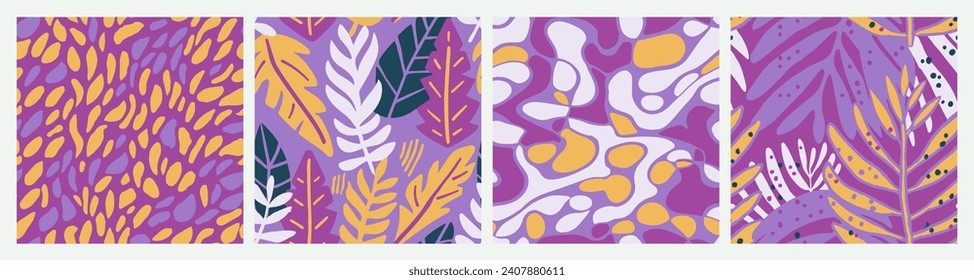 El Jardín De Doodle Sin Margen Naranja Forma El Fondo. Hojas De Blossom Abstractas Azules Interminables, Fondo Sin Marea. Arte De Ilustración En Playa De Color Continuo Rosa. 