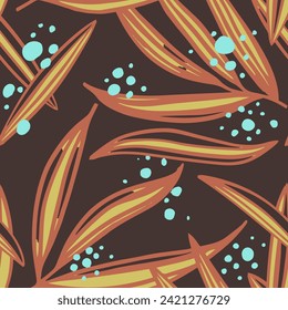 Orange Seamless Elegant Simple Shape Background. Dark Seamless Summer Spring Ornament, Seamless Art. Yellow Endless Fashion Tree Leaves Wallpaper. 
