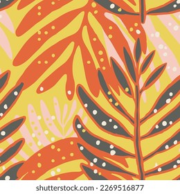 Orange Seamless Elegant Spring Flora Artwork Texture. Purple Continuous Color Fresh Tree Paint Vector. Dark Repetitive Exotic Blossom Flower Background.