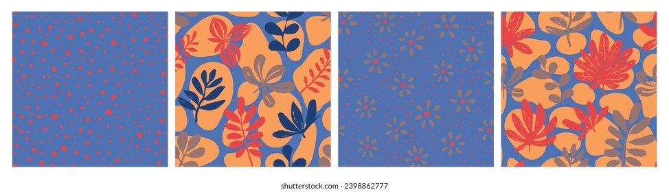 Orange Seamless Fashion Artistic Leaves Backdrop. Purple Continuous Decoration Organic Decor, Seamless Set. Black Repetitive Contemporary Plant Textile Pattern. 