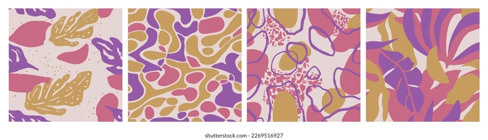 Orange Seamless Fashion Branch Leaves Design. Black Endless Summer Organic Shape, Seamless Art. Pink Seamless Creative Simple Ornament Texture. 