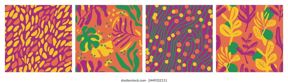 Orange Seamless Fashion Foliage Lines Collection. Pink Repeated Abstract Modern Artwork, Seamless Wallpaper. Bright Seamless Creative Branch Decor Print. 