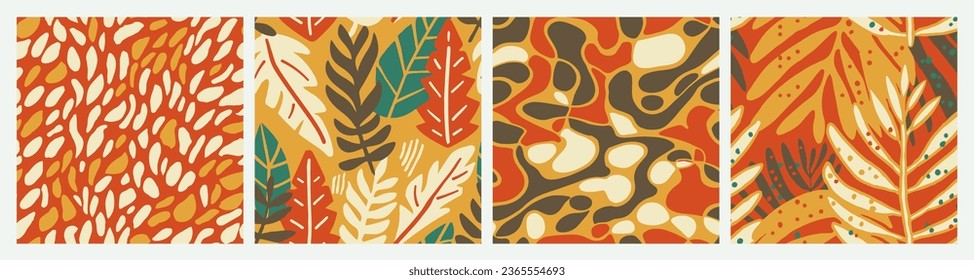Orange Seamless Fashion Tree Invitation Background. Green Seamless Classic Trendy Leaves, Seamless Collection. Vibrant Repeated Doodle Natural Ornament Wallpaper. 
