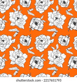 Orange seamless floral pattern. Vector pattern of peonies. Orange background. White flowers. Peony silhouette. Fabric print. Autumn.