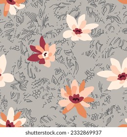 orange seamless floral vector flowers with texture paisley pattern on grey background
