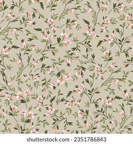 orange seamless floral vector small flowers with green leaves pattern on cream background