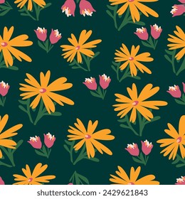 vector floral sin costura naranja pequeñas flores con patrón de hojas verdes sobre fondo crema