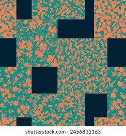 orange seamless floral vector small flowers leaves bandanna pattern on green background