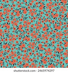orange seamless floral vector small flowers with leaves pattern on green background