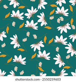 Vector floral inconsútil anaranjado Pequeñas flores con patrón de hojas verdes sobre fondo crema