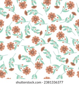 orange seamless flowers pattern. Delicate petals and vibrant blossoms create an artistic and vintage botanical illustration. Perfect for wallpaper, fabric, wrapping paper and more.