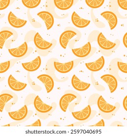 Orange seamless fruit template. Slices of ripe oranges on pastel background. Vector wallpaper on summer fruit theme for gift paper, textile, packaging