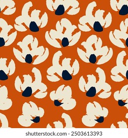Naranja sin patrón con flores blancas abstractas. Fondo cuadrado de Vector, ilustración, impresión, diseño. Estilo japonés