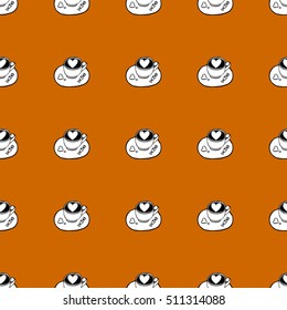 Orange seamless pattern with black and white coffee cups and candy. Hearts in cappuccino. Cozy endless pattern for menu, cafe, restaurant, interior, design.