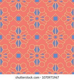 Orange seamless pattern. Bright geometric background with blue and yellow design for wallpapers and textile