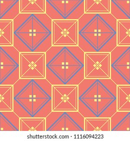 Orange seamless pattern. Bright geometric background with blue and yellow design for wallpapers and textile