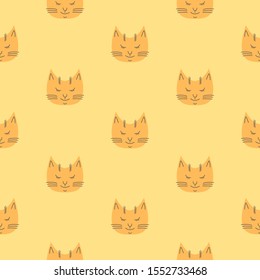 Orange  seamless pattern with cat's heads.  Cat with closed eyes - cute design for fabric, textile, wrapping paper. Funny childish background