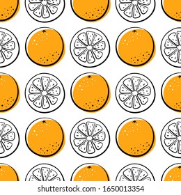 Orange. Nahtloses Muster. Farbige Line Skizze Sammlung von Zitrusfrüchten einzeln auf weißem Hintergrund. Doodle handgezeichnete Vektorillustration Illustration