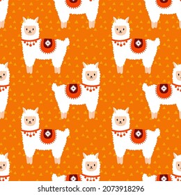 Orange seamless pattern with cute alpacas. Cute and childish design for fabric, textile, wallpaper, bedding, swaddles or gender-neutral apparel.