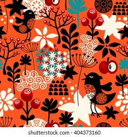Orange seamless pattern with cute singing birds and summer plants. Vector repeated background.