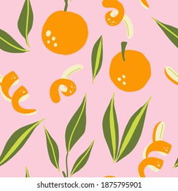 Orange seamless pattern. Exotic tropical mandarin citrus fruit, juicy tangerine with green leaves, vector cartoon minimalistic isolated texture, textile, wallpaper, print on pink background