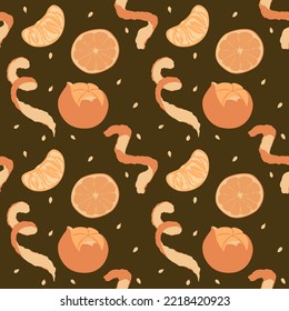 Orange seamless pattern. Exotic tropical mandarin citrus fruit, juicy slice tangerine and peel, cartoon minimalistic isolated vector texture, textile, wallpaper, print on brown background