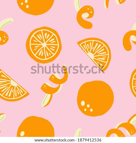 Orange seamless pattern. Exotic tropical mandarin citrus fruit, juicy slice tangerine and peel, cartoon minimalistic isolated vector texture, textile, wallpaper, print on pink background