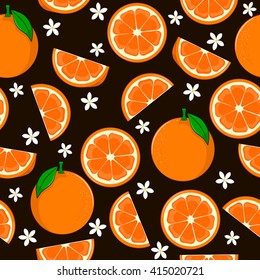 Orange seamless pattern with flower and green leaves.