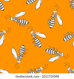 Orange seamless pattern with flying honey bees. Beautiful detailed mixed insects on yellow endless pattern for design, prints, posters, interior decor, pillows, fabric, textile. Cartoon characters.  