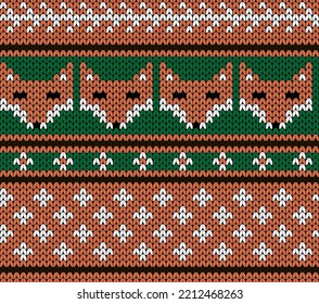 Orange seamless pattern with fox face knitted immitation. Vector illustration.