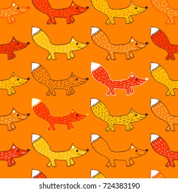 Orange seamless pattern with foxes. Cute animals drawn by hand in cartoon style.
