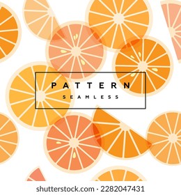 
Orange seamless pattern. Fruit background. Transparent slice of fruits and frame with text is on separate layer. Label and packaging simple design.