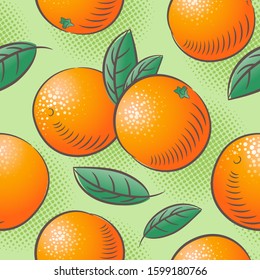 Orange seamless pattern. Orange fruits with leaves. Engraved style vintage botanical background. Can be use for design menu, packaging, recipes, market products.