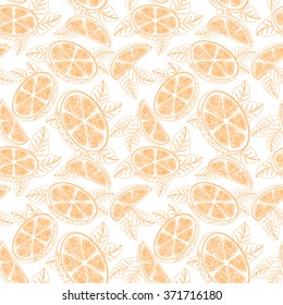 Orange. Seamless pattern with orange fruits and leaves. Hand Drawn Monochrome Orange Texture, Decorative Leaves, Coloring Book . Vector illustration.