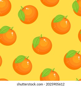 Orange seamless pattern. Orange with green leaf and on a yellow background. Vector pattern.