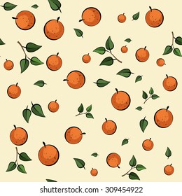 Orange seamless pattern with green leaves and fruits oranges