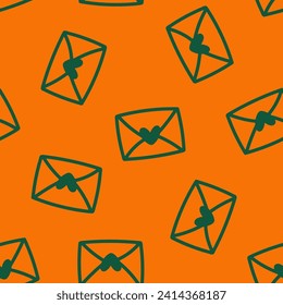 Orange seamless pattern with green outline envelopes