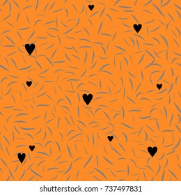 Orange seamless pattern with grey leaves and black hearts. Bright background or wrapping paper. Element for your design.