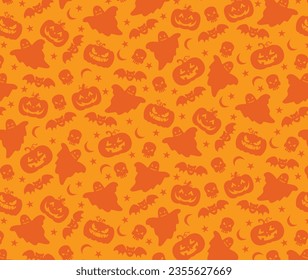 Patrón anaranjado sin fisuras, fondo de halloween, textura, impresión, tarjeta, calabaza, fantasma, murciélago, cráneo. Tipo de silueta plana. 